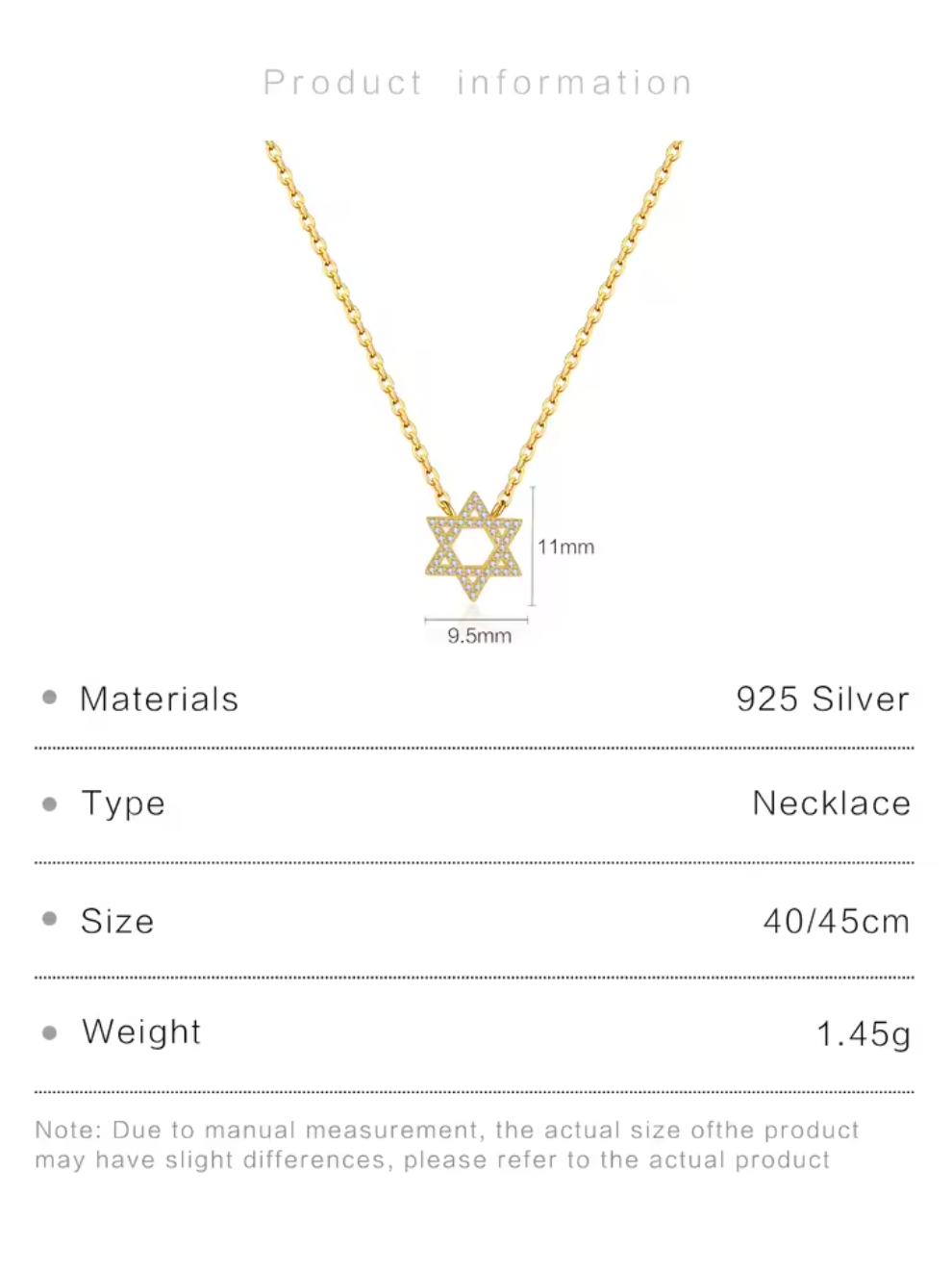 925 Sterling Silver Star of David Zircon Pendant Necklace