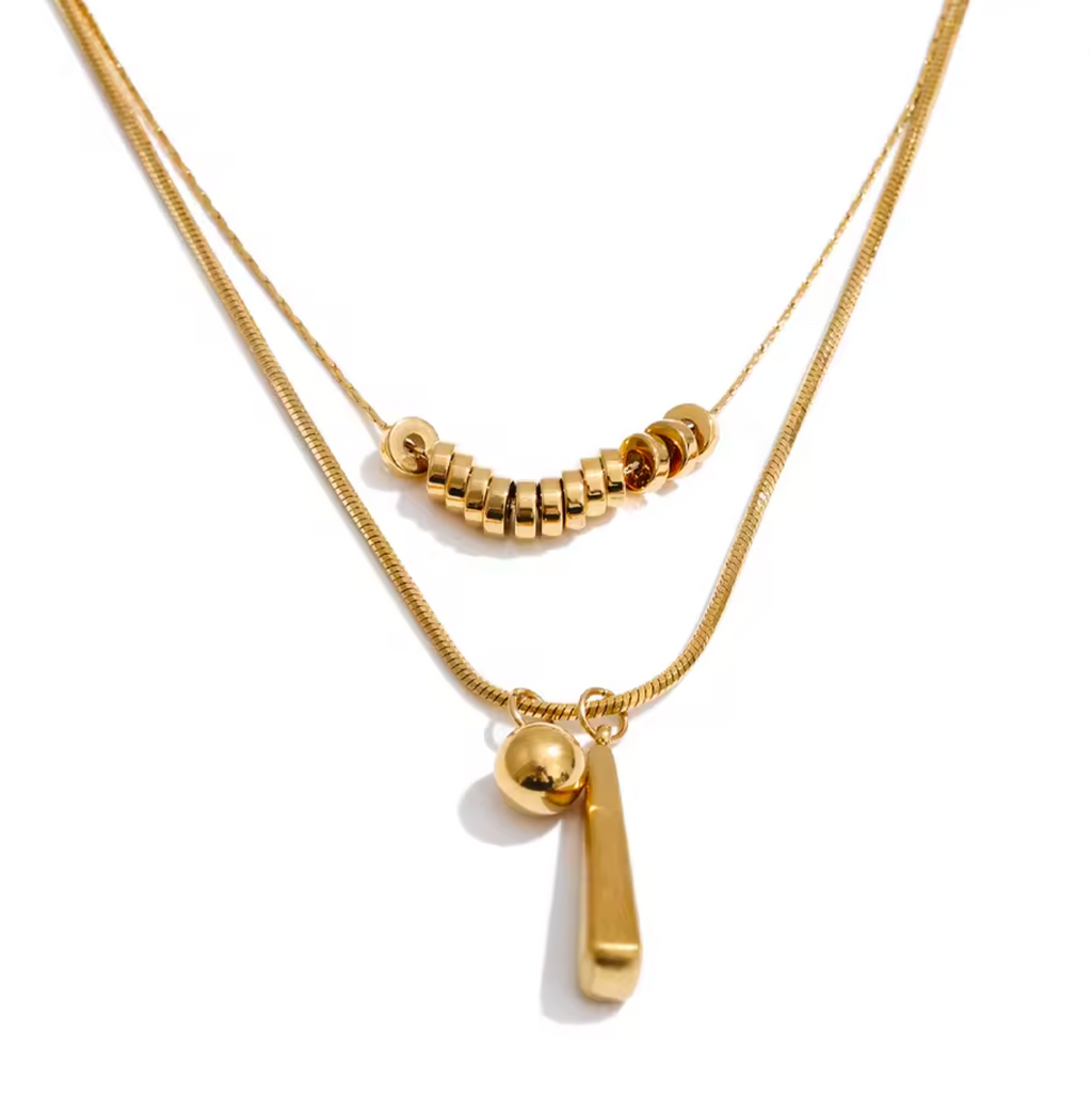 Stainless Steel Double Layer Beads Water Drop Pendant Necklace