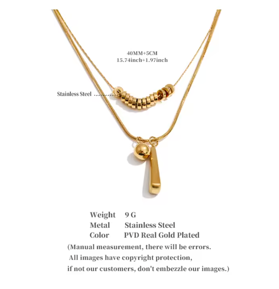 Stainless Steel Double Layer Beads Water Drop Pendant Necklace