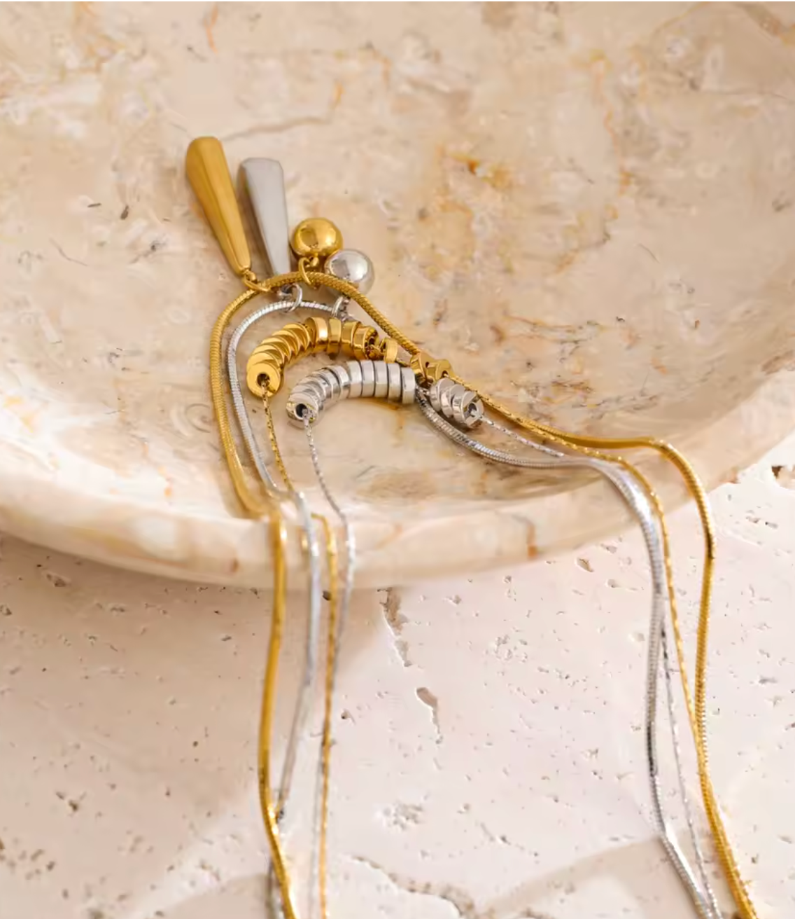 Stainless Steel Double Layer Beads Water Drop Pendant Necklace