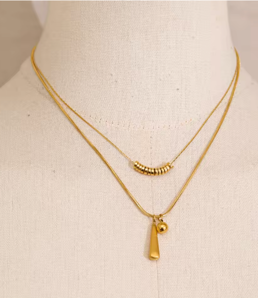 Stainless Steel Double Layer Beads Water Drop Pendant Necklace
