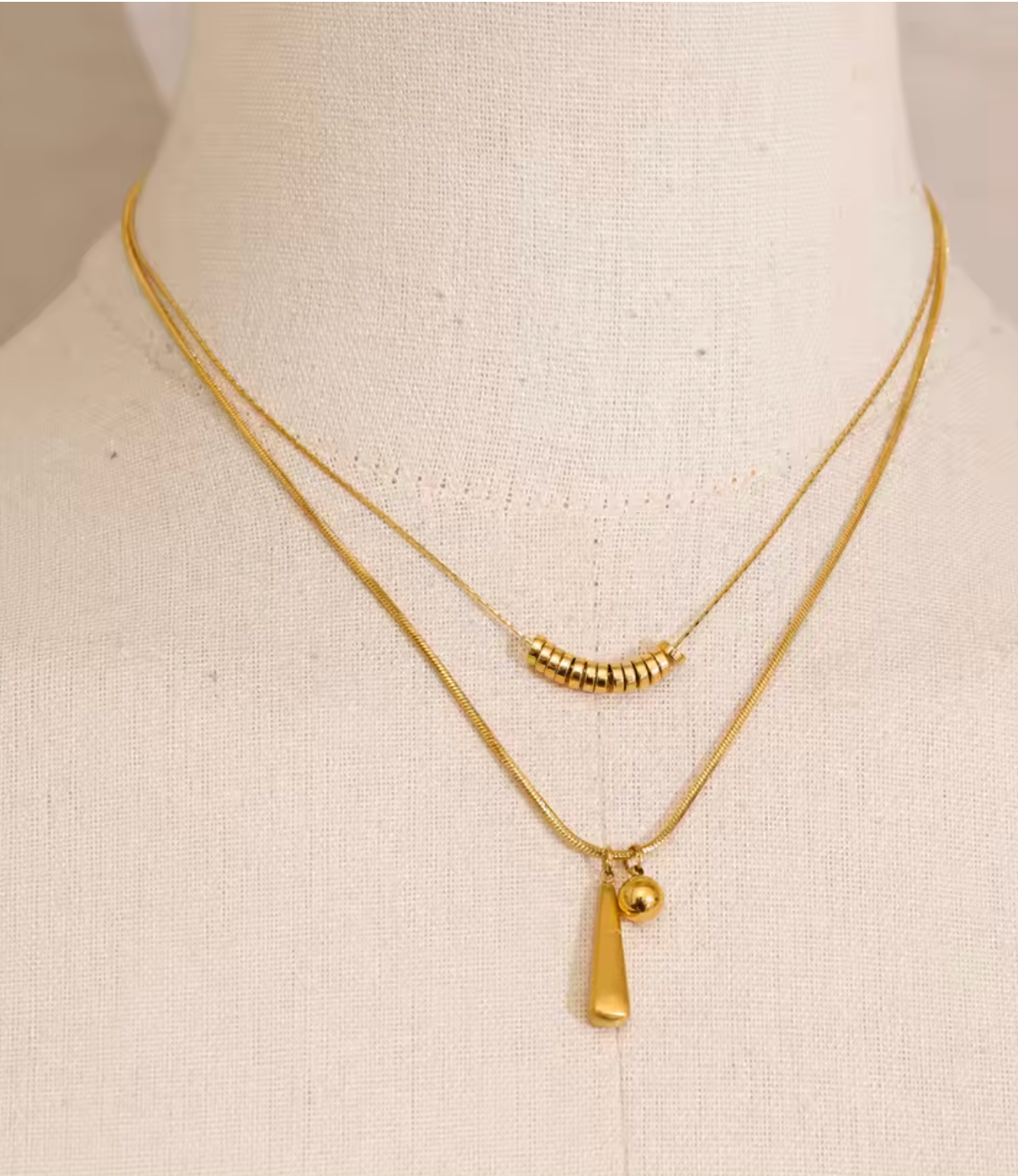 Stainless Steel Double Layer Beads Water Drop Pendant Necklace